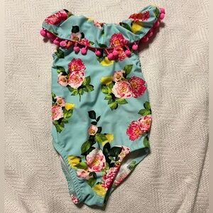 Girls Betsey Johnson Floral Swimsuit Turquoise with Pink Accents